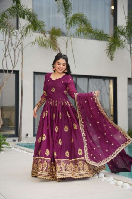 Women’s Ethnic Anarkali Style Floor-Length Gown in Magenta with Golden Zari Embroidery – Festive & Wedding Wear