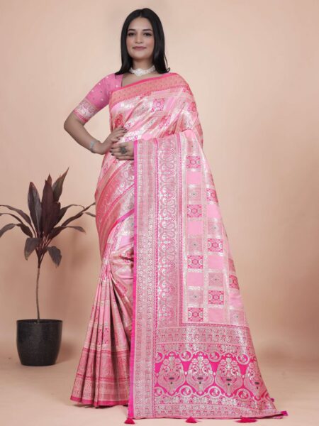 Baby Pink Banarasi Silk Saree with Silver Zari Weaving | Wedding & Festive Wear | Elegant Traditional Designer Saree
