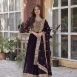 Women's Luxurious Plum Velvet Anarkali Gown with Heavy Gold Zari & Sequin Embroidery – Perfect for Weddings & Grand Festivities - Purple, XXL (44)
