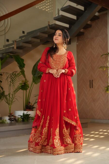 Women's Radiant Red Anarkali Suit Set with Golden Zari & Sequin Embroidery – Perfect for Festive & Wedding Occasions