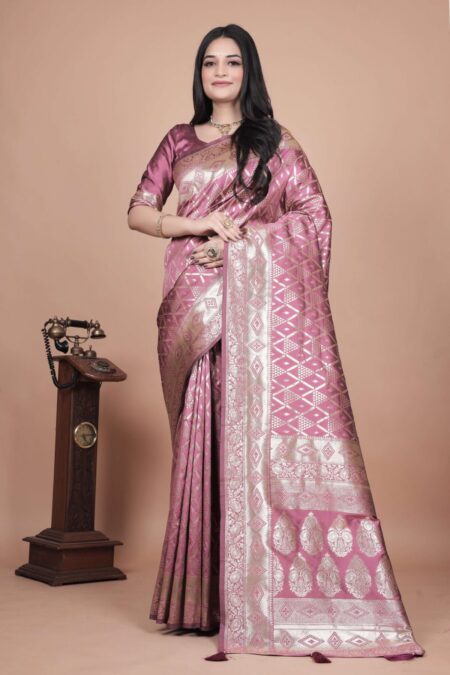 Mauve Banarasi Silk Saree with Silver Geometric & Floral Zari | Wedding & Festive Wear | Elegant Designer Saree
