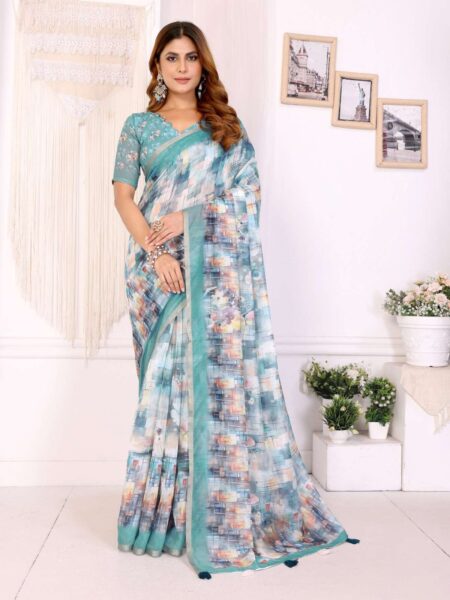 Aqua Blue Chanderi Saree with Digital Abstract & Floral Prints ? Elegant & Contemporary