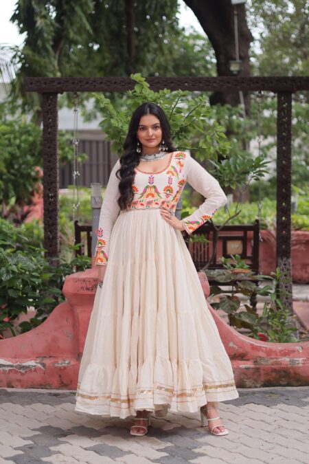 Off-White Kora Cotton Navratri Gown with Multi-Thread Embroidery & Gota Patti Work ? Elegant Festive Wear for Women