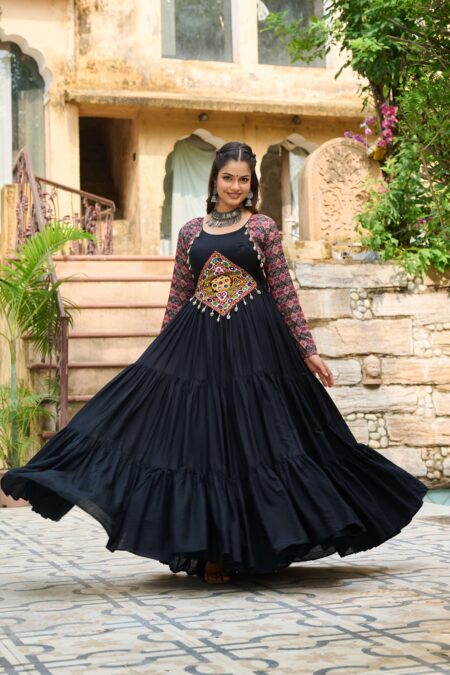 Black Navratri Special 14 Kg Reyon Designer Gown with Kutchi Gamthi & Cotton Print Work
