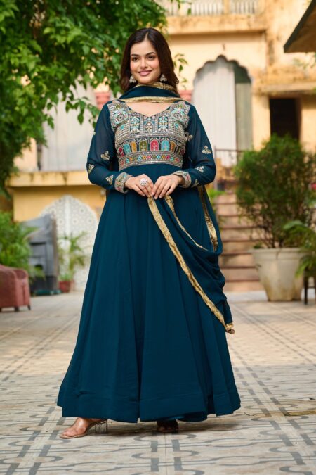 Rama Elegant Faux Blooming Designer Gown with Sequins & Multi-Thread Embroidery ? Ethnic Dupatta Set