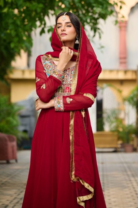 Maroon Elegant Faux Blooming Designer Gown with Sequins & Multi-Thread Embroidery ? Ethnic Dupatta Set