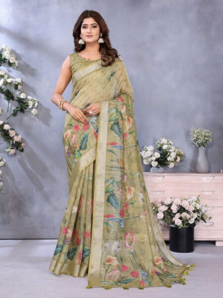 Artistic Olive Green Floral Printed Linen Shimmer Saree with Tassel Accents