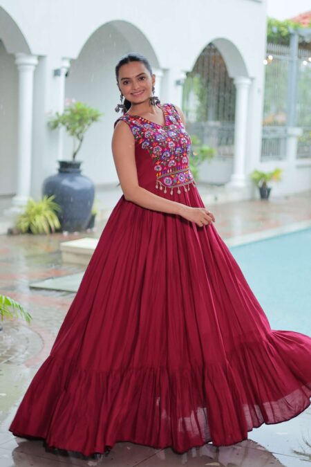 Maroon Elegant Kutchi Embroidered Frill Gown ? Perfect for Navratri Celebrations