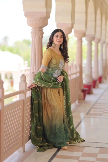 Green Premium Designer Chinnon Print Top-Sharara-Dupatta Set with Bead & Zari Work ? Elegant Ethnic Wear for Women